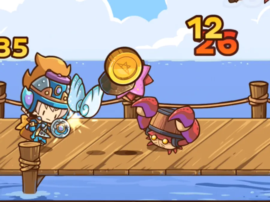 Postknight gameplay: the knight striking an enemy on a seaside wooden pier